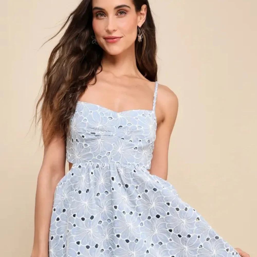 Lulus Charming Babe Blue Embroidered Floral Tie-Back Mini Dress / B33 - Picture 2 of 6